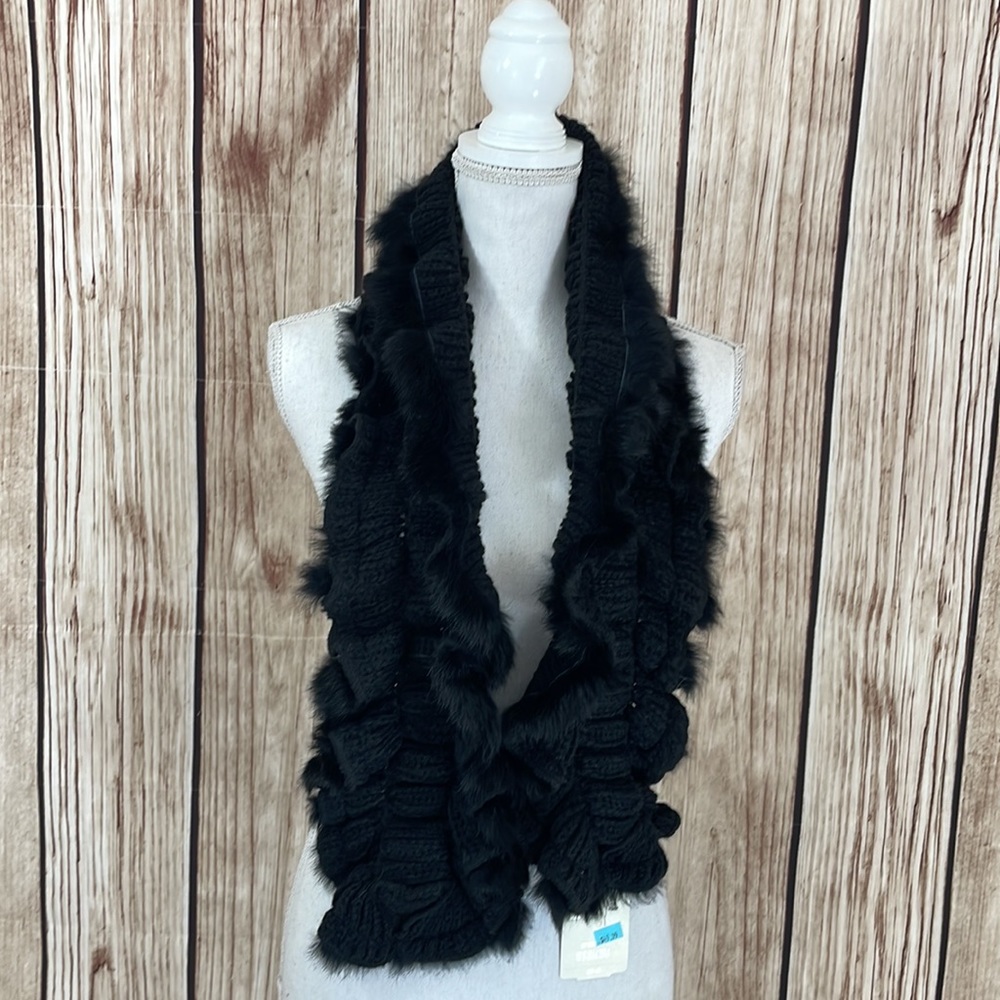 Soft Surroundings Knitted Acrylic Black Scrunchi Scarf w/Black Rabbit Fur Accent